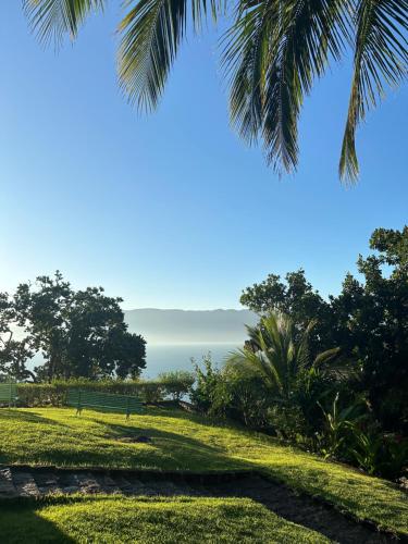 een uitzicht op de oceaan vanuit een park met een palmboom bij Ilhabela Chalés in Ilhabela