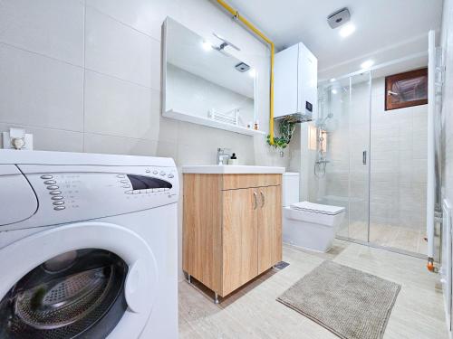 萨拉热窝Ludwigs Apartment Sarajevo的带淋浴的浴室里的洗衣机