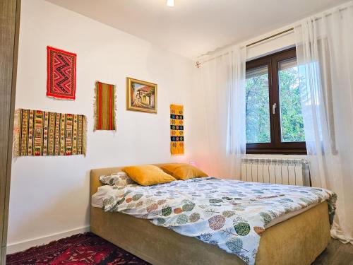 萨拉热窝Ludwigs Apartment Sarajevo的一间卧室，里面有一张床和一扇窗户。