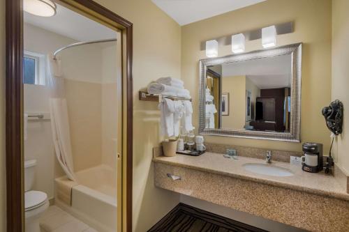 uma casa de banho com um lavatório, um chuveiro e um espelho. em Best Western Cottage Grove Inn em Cottage Grove