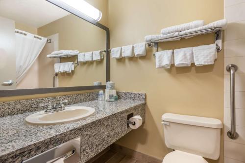 a bathroom with a sink and a toilet and a mirror at Best Western Strathmore Inn in Strathmore
