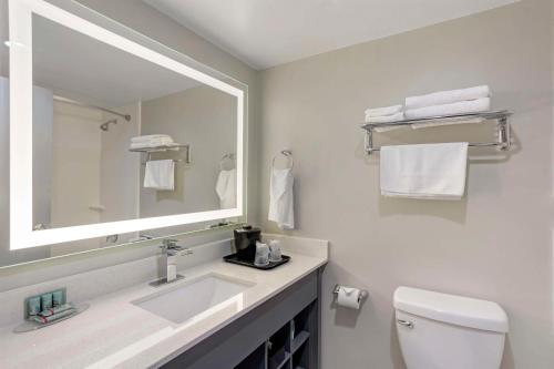 Best Western Rutgers University Hotel في إيست برونزويك: حمام أبيض مع حوض ومرآة