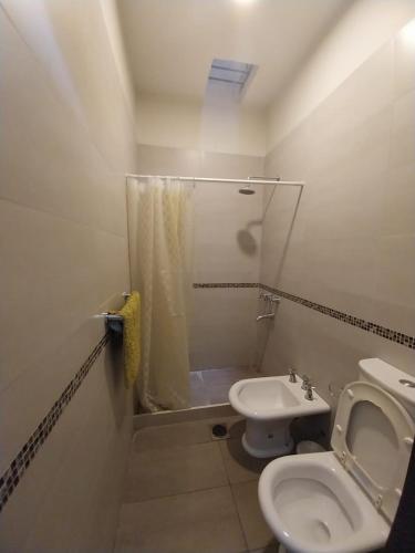 a bathroom with a shower and a toilet and a sink at Duplex Yrigoyen B in San Juan