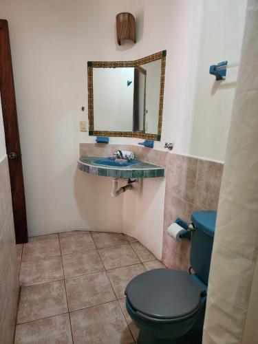 ein Badezimmer mit einem blauen WC und einem Spiegel in der Unterkunft Esencia Puerto Escondido in Puerto Escondido