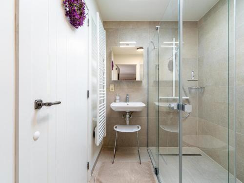 een badkamer met een wastafel en een glazen douche bij Limoncello Spritz in Zutendaal