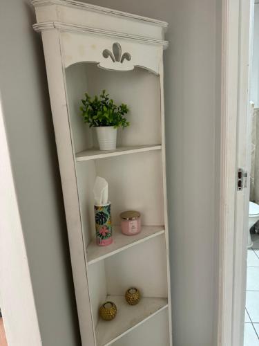 a white book shelf with a plant in it at The Silhouette in Paarl