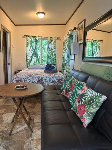 Hawaiian Ohana Home في هيلو: غرفة معيشة مع أريكة وطاولة