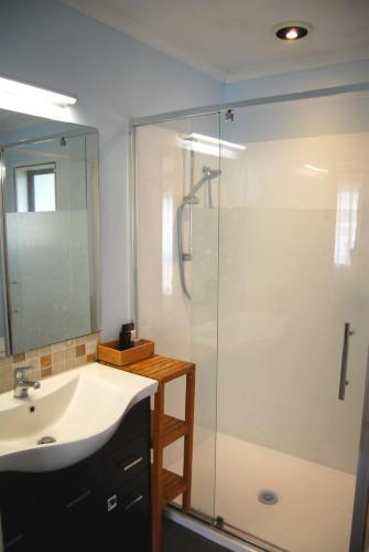 a bathroom with a sink and a glass shower at Energy Motor Lodge Papamoa in Tauranga