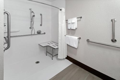 a white bathroom with a shower and a bath tub at Holiday Inn Express Hotel & Suites Chicago-Algonquin by IHG in Algonquin