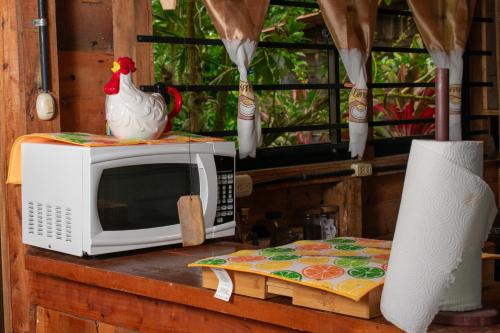 a chicken sitting on top of a microwave at Cabaña Ave Del Paraiso in Cartago