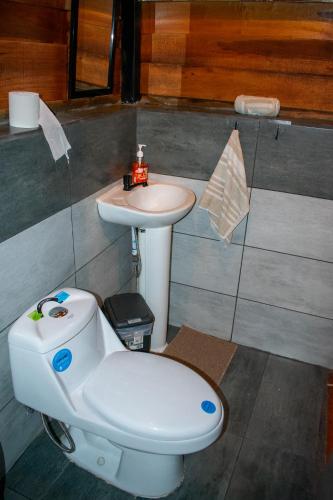 a bathroom with a toilet and a sink at Cabaña Ave Del Paraiso in Cartago