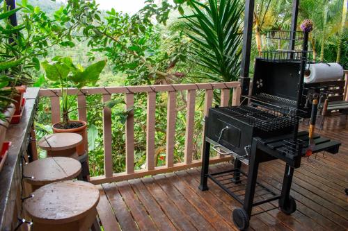 a black grill on a deck with plants at Cabaña Ave Del Paraiso in Cartago