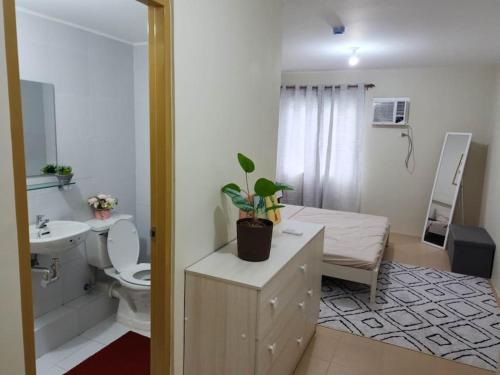 a bathroom with a toilet and a sink with a potted plant at A Marina Spatial 2BR , 2Showers, 1Balcony, 1 Storage Room in Dumaguete