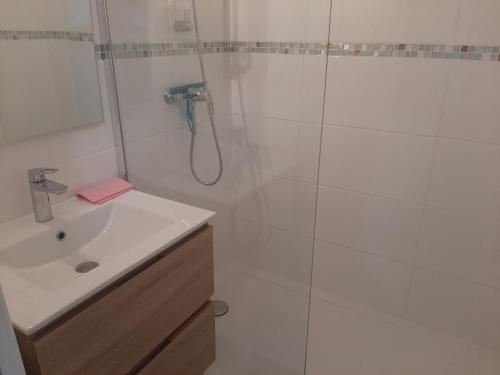 une salle de bain blanche avec une douche et un lavabo dans l'établissement À deux pas des commerces et de l'océan, appartement rénové avec terrasse à Seignosse - FR-1-239-413, à Seignosse
