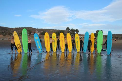 a group of people standing in the water with their surfboards at Sun House Morocco in Taghazout
