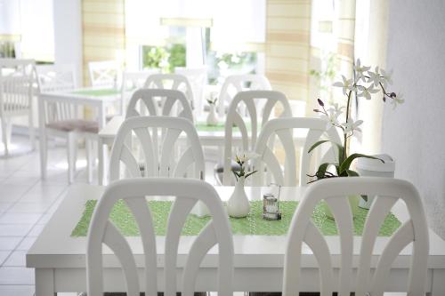 a white table with white chairs and plants on it at Hotel Asslar in Aßlar