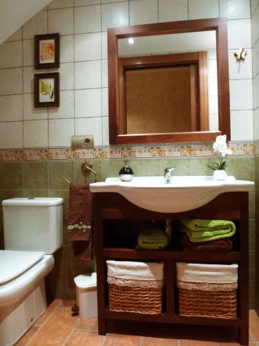a bathroom with a sink and a toilet and a mirror at Casa Rural Erburu in Urdiáin