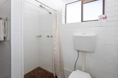 a white bathroom with a shower and a toilet at Fig Tree Motel in Narrandera