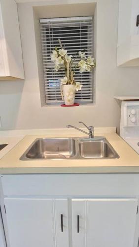 a kitchen counter with a sink and a window at Cheerful 2BR suite, onsite free parking CARS or RV in North Vancouver