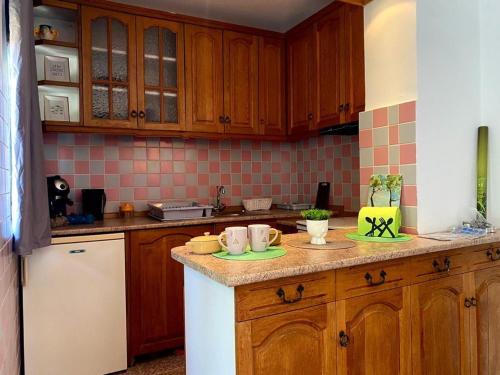 a kitchen with wooden cabinets and a counter top at Family Hotel Argo in Varna City