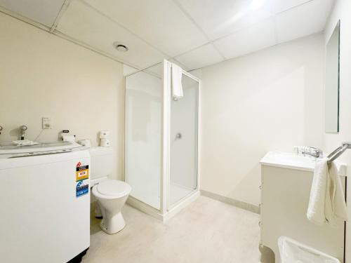 a white bathroom with a toilet and a shower at Wellington Hotel in Wellington