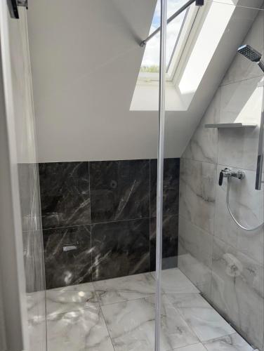a bathroom with a shower with a skylight at Villa LUX Luis in Dziwnów