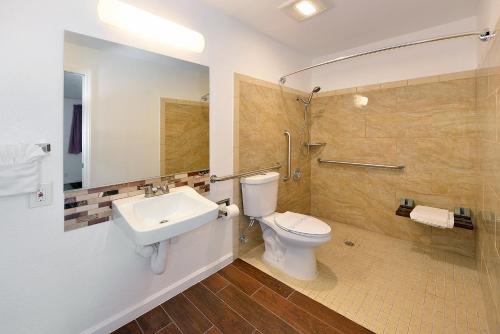 a bathroom with a toilet and a sink and a shower at Budget Inn Expressway Hub in Rohnert Park