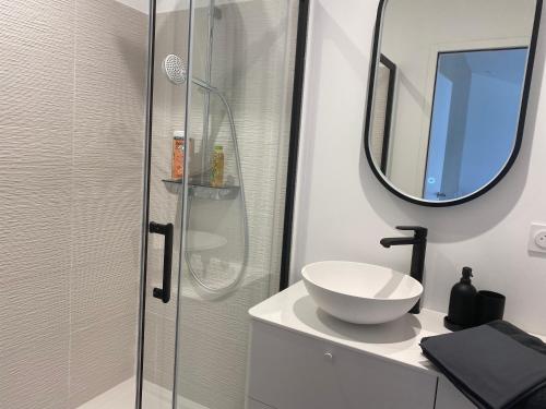 une salle de bain avec un lavabo et une douche dans l'établissement Maison de ville, à La Flotte