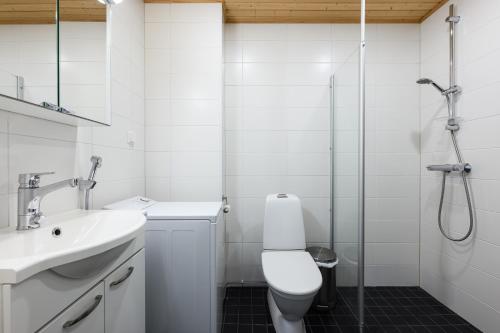 a bathroom with a toilet and a sink and a shower at Hilmantori Apartments by Hiekka Booking in Kalajoki