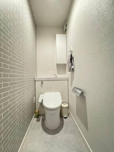 a small bathroom with a white toilet in a stall at Akikawa Koshi 6 in Kikutomi