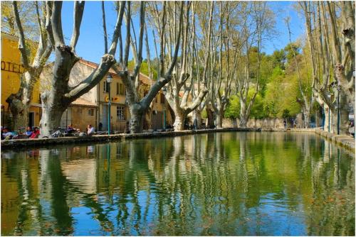 rzeka z drzewami i budynek w tle w obiekcie Chambre d'hôtes en Provence, au pied du Luberon "Les Coquelicots" w mieście La Tour-dʼAigues