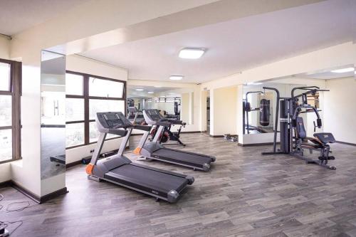 a gym with treadmills and elliptical machines at Serenity Retreat - 2 Bed Apartment with Pool & Gym in Nairobi