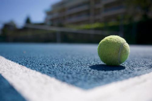 - une balle de tennis verte assise sur un court de tennis dans l'établissement Studio de Saint-Laurent 200m de la plage, à Saint-Laurent-du-Var