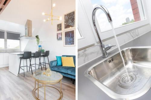 a kitchen sink and a living room with a couch at Hoog e in Eindhoven