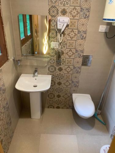 W łazience znajduje się umywalka, toaleta i lustro. w obiekcie Faizzy's residency w mieście Śrinagar