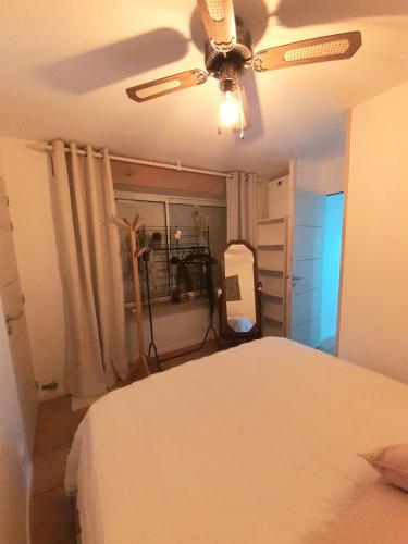 une chambre avec un lit et un ventilateur de plafond dans l'établissement La casa d'isa, à Ducey