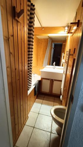 une petite salle de bain avec un lavabo et des toilettes dans l'établissement Studio classé 4 personnes face aux Thermes, avec coin nuit, à Le Mont-Dore