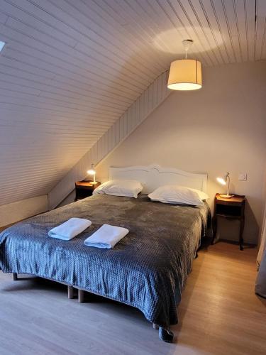 une chambre avec un grand lit avec deux serviettes dessus dans l'établissement LA BELLE SAISON, à Luchon