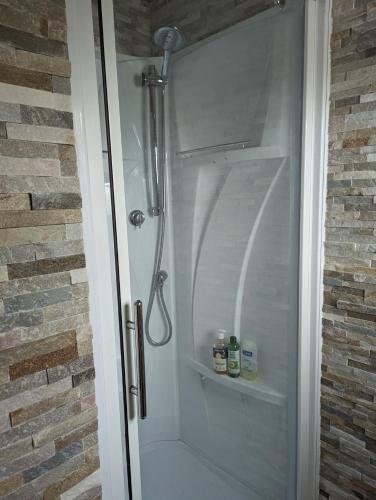 une douche avec une porte en verre à côté d'un mur de briques dans l'établissement Yourte atypique entre Lyon et Grenoble ! Vue sur les montagnes., à Nohant-en-Graçay