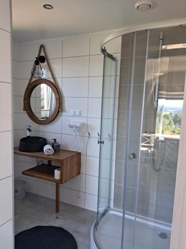 uma casa de banho com um chuveiro e um espelho. em Zamkowe Zacisze em Czorsztyn