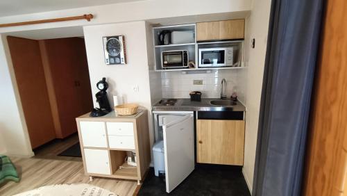 a small kitchen with a sink and a microwave at Studio classé 4 personnes face aux Thermes, avec coin nuit in Le Mont-Dore