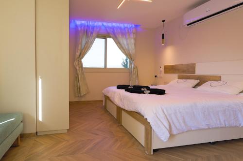 Un dormitorio con una cama grande y una ventana en אחוזת דולב-הצימר en Bet Shemesh