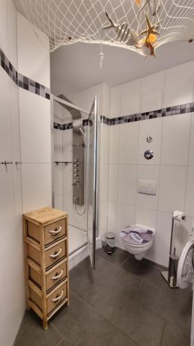 a bathroom with a shower and a toilet in it at Apartment Leuchtturm 16 in Großenbrode