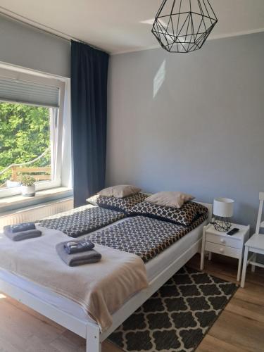 sypialnia z łóżkiem i oknem w obiekcie Zamkowe Zacisze w Czorsztynie