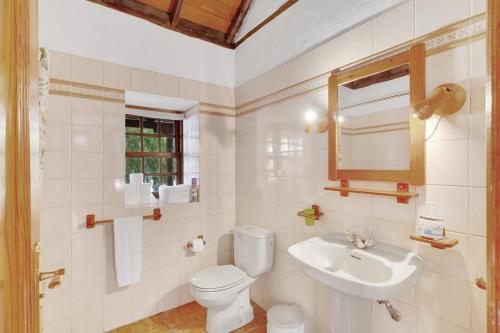 La salle de bains est pourvue de toilettes, d'un lavabo et d'un miroir. dans l'établissement Casa Serradero, à Tijarafe