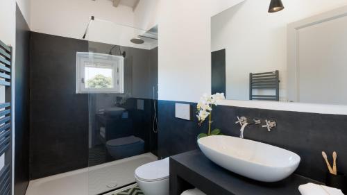 a bathroom with a white sink and a toilet at VILLA IL POZZO 14, Emma Villas in Pomarance