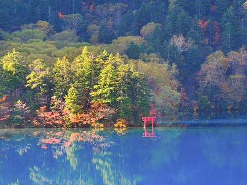a red chair sitting in the middle of a lake at Shiga Kogen Lodge in Yamanouchi
