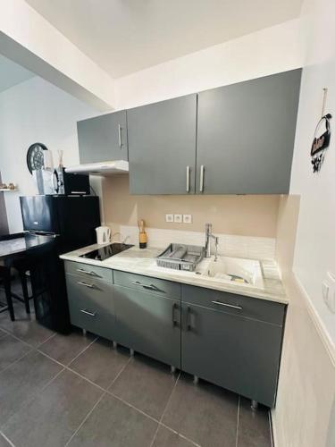 une cuisine avec un évier et un plan de travail dans l'établissement Le petit Narbonnais à 4min à pied de la gare, à Narbonne