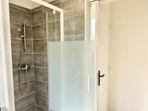 une douche avec une porte vitrée dans une salle de bain dans l'établissement Le Vendays Reims plein de charme, à Reims