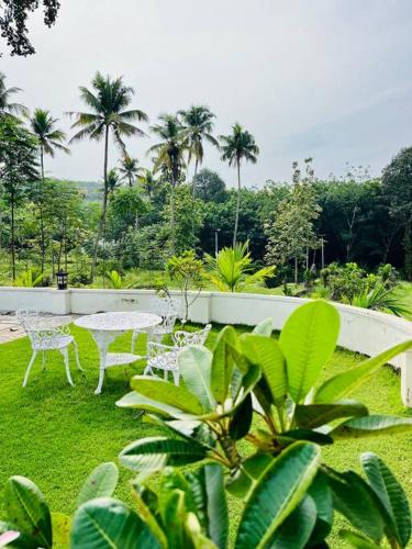 a patio with a table and chairs and palm trees at Haven Stay Manor in Kotamangalam
